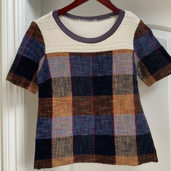 Sandro Plaid Print Scoop Neck T-Shirt - Picture 1 of 6